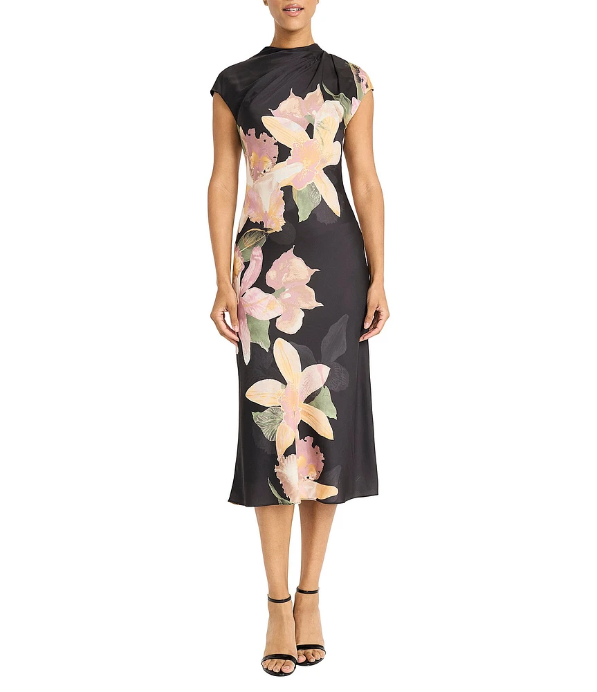 Maggy London Floral Print Charmeuse High Neck Cap Sleeve Bias Cut Sheath Dress