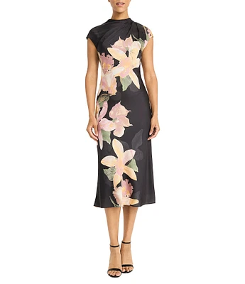 Maggy London Floral Print Charmeuse High Neck Cap Sleeve Bias Cut Sheath Dress