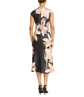 Maggy London Floral Print Charmeuse High Neck Cap Sleeve Bias Cut Sheath Dress