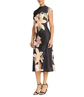 Maggy London Floral Print Charmeuse High Neck Cap Sleeve Bias Cut Sheath Dress