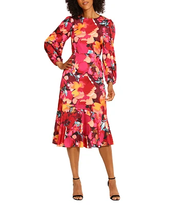 Maggy London Floral Print Crew Neck Long Sleeve Midi Dress