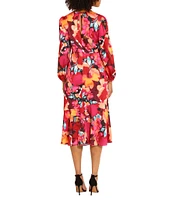 Maggy London Floral Print Crew Neck Long Sleeve Midi Dress