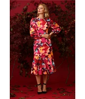 Maggy London Floral Print Crew Neck Long Sleeve Midi Dress