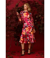 Maggy London Floral Print Crew Neck Long Sleeve Midi Dress