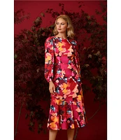 Maggy London Floral Print Crew Neck Long Sleeve Midi Dress