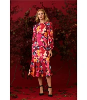 Maggy London Floral Print Crew Neck Long Sleeve Midi Dress