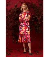 Maggy London Floral Print Crew Neck Long Sleeve Midi Dress