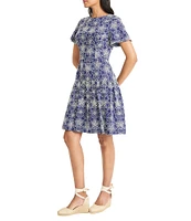 Maggy London Floral Print Crew Neck Short Sleeve A-Line Dress