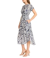 Maggy London Floral Print Crew Neck Short Sleeve Fit And Flare Midi Dress