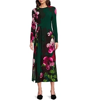 Maggy London Floral Print Jersey Knit Boat Neck Long Sleeve Asymmetrical A-Line Dress