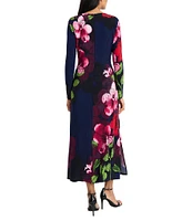 Maggy London Floral Print Jersey Knit Boat Neck Long Sleeve Asymmetrical A-Line Dress