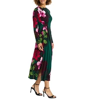 Maggy London Floral Print Jersey Knit Boat Neck Long Sleeve Asymmetrical A-Line Dress