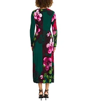 Maggy London Floral Print Jersey Knit Boat Neck Long Sleeve Asymmetrical A-Line Dress