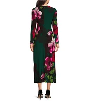 Maggy London Floral Print Jersey Knit Boat Neck Long Sleeve Asymmetrical A-Line Dress