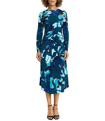 Maggy London Floral Print Matte Jersey Crew Neck Long Sleeve Asymmetrical Gathered Midi Dress