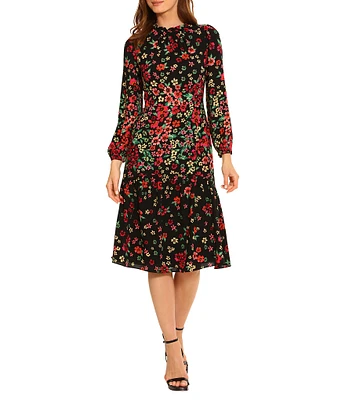 Maggy London Floral Print Ruffled Crew Neck Long Sleeve Midi Dress