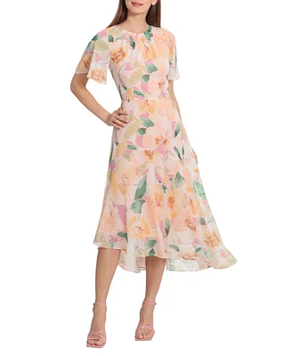 Maggy London Floral Print Short Flutter Sleeve Asymmetrical Hem Dress