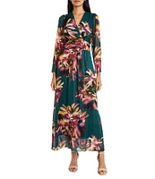 Maggy London Floral Print Yoryu Gold Stripe Surplice V-Neck Long Sleeve Shirred Waist A-Line Dress