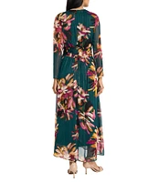 Maggy London Floral Print Yoryu Gold Stripe Surplice V-Neck Long Sleeve Shirred Waist A-Line Dress