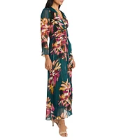 Maggy London Floral Print Yoryu Gold Stripe Surplice V-Neck Long Sleeve Shirred Waist A-Line Dress