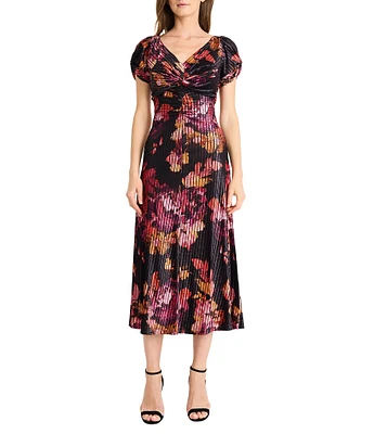 Maggy London Floral Ribbed Velvet V-Neckline Short Sleeve Midi Dress