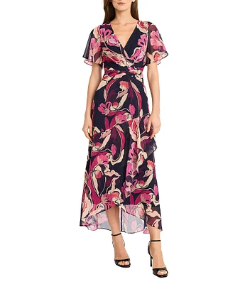 Maggy London Floral Yoryu Surplice V-Neck Flutter Sleeves Front Twist Midi Dress