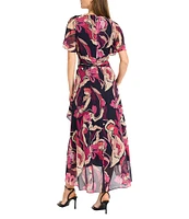 Maggy London Floral Yoryu Surplice V-Neck Flutter Sleeves Front Twist Midi Dress