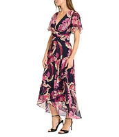 Maggy London Floral Yoryu Surplice V-Neck Flutter Sleeves Front Twist Midi Dress