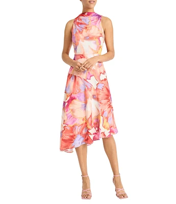Maggy London Georgette Watercolor Print Mock Neck Sleeveless Asymmetrical Hem Sheath Midi Dress