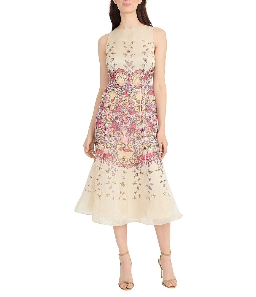 Maggy London Illusion Boat Neck Sleeveless Butterfly Printed Organza Trumpet Midi Dress
