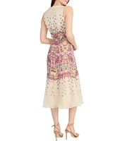 Maggy London Illusion Boat Neck Sleeveless Butterfly Printed Organza Trumpet Midi Dress