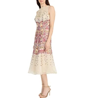Maggy London Illusion Boat Neck Sleeveless Butterfly Printed Organza Trumpet Midi Dress