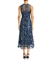 Maggy London Illusion Neck Sleeveless Embroidered Sequined Mesh A-Line Midi Dress