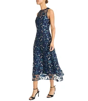 Maggy London Illusion Neck Sleeveless Embroidered Sequined Mesh A-Line Midi Dress