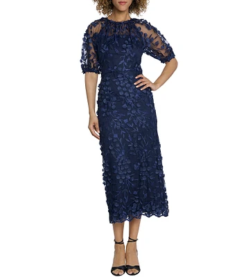 Maggy London Illusion Puff Short Sleeve Crew Neck Embroidered 3D Petal Applique Mesh MIdi Sheath Dress