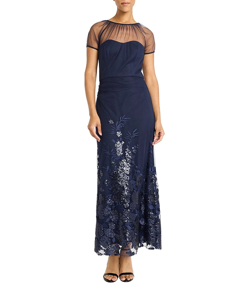 Maggy London Illusion Sweetheart Neck Draped Sequined Mesh Sheath Gown