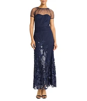 Maggy London Illusion Sweetheart Neck Draped Sequined Mesh Sheath Gown
