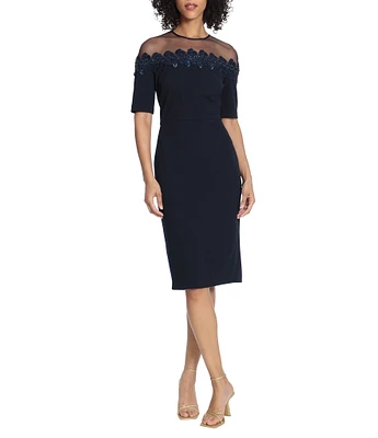 Maggy London Illusion Yoke Stretch Crepe Short Sleeve Crew Neck Sheath Midi Dress