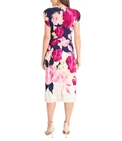 Maggy London ITY Floral Crew Neck Cap Sleeve Side Ruched Sheath Midi Dress
