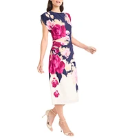 Maggy London ITY Floral Crew Neck Cap Sleeve Side Ruched Sheath Midi Dress