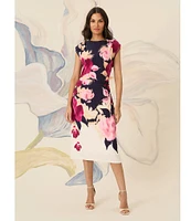 Maggy London ITY Floral Crew Neck Cap Sleeve Side Ruched Sheath Midi Dress