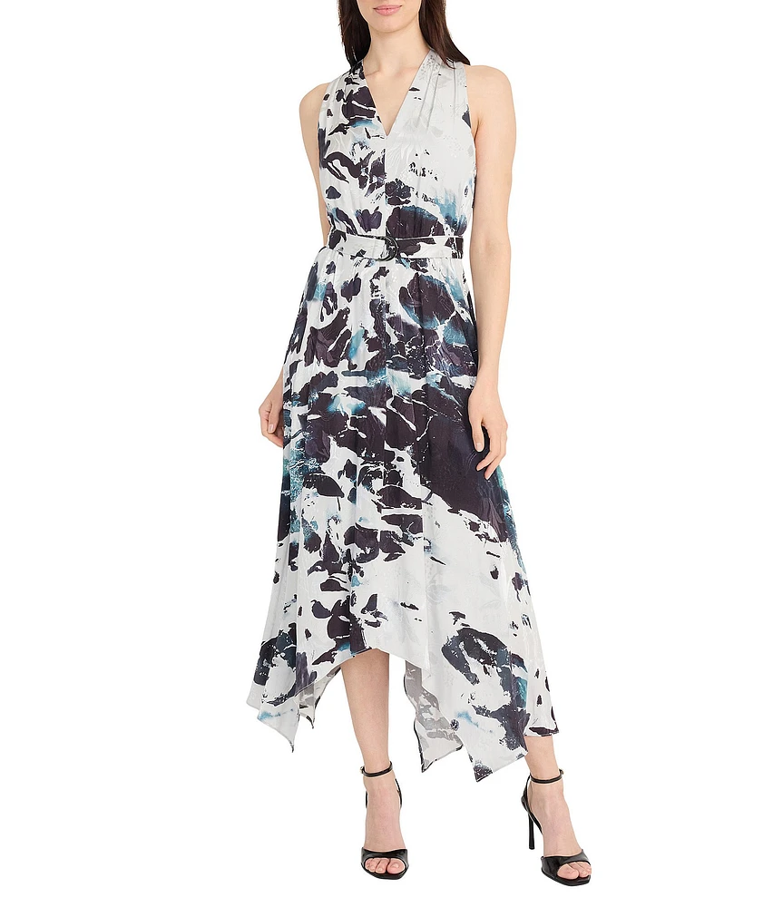 Maggy London Jacquard Multi Print V Neck Sleeveless Asymmetrical Hem Fit and Flare Midi Dress
