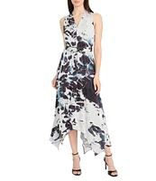 Maggy London Jacquard Multi Print V Neck Sleeveless Asymmetrical Hem Fit and Flare Midi Dress