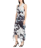 Maggy London Jacquard Multi Print V Neck Sleeveless Asymmetrical Hem Fit and Flare Midi Dress