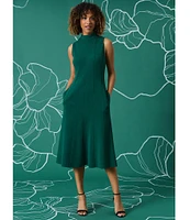 Maggy London Knit Mock Neck Sleeveless Side Pocket Midi Dress