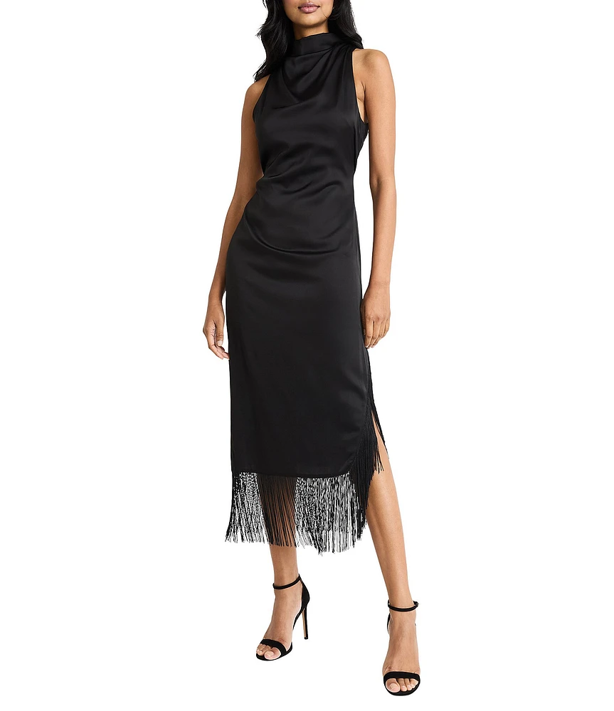 Maggy London Light Charmeuse Mock Cowl Neck Sleeveless Fringe Hem Midi Dress