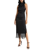 Maggy London Light Charmeuse Mock Cowl Neck Sleeveless Fringe Hem Midi Dress