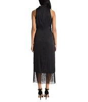 Maggy London Light Charmeuse Mock Cowl Neck Sleeveless Fringe Hem Midi Dress