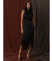 Maggy London Light Charmeuse Mock Cowl Neck Sleeveless Fringe Hem Midi Dress