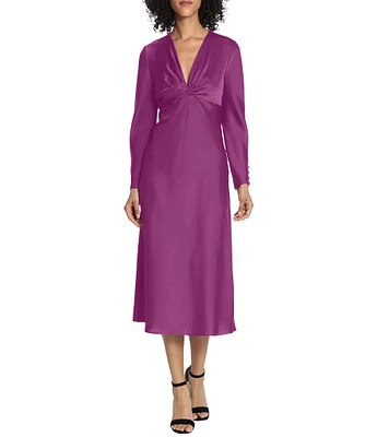 Maggy London Long Sleeve Satin Twisted V-Neck Knotted Midi Dress